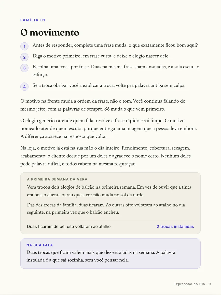 Passo a passo: O movimento da primeira família: nomeie o motivo antes, uma troca por frase, volte sem culpa se travar