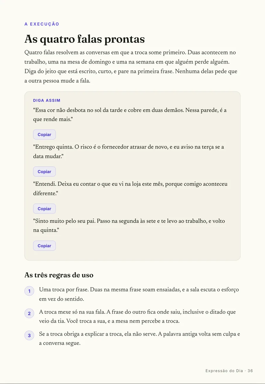 Falas prontas: As quatro falas prontas, com as regras de uso ao lado de cada uma